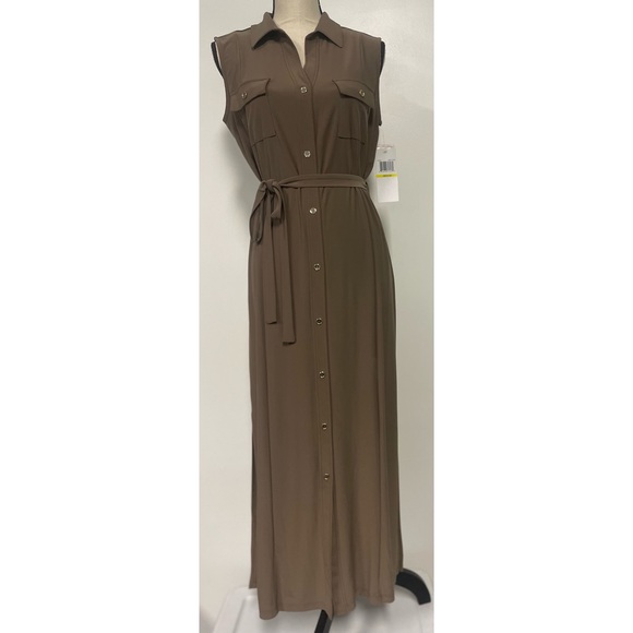 NWT Nina Leonard Maxi Sleeveless Button Front Shirtdress Dark Taupe Size M - Picture 1 of 10